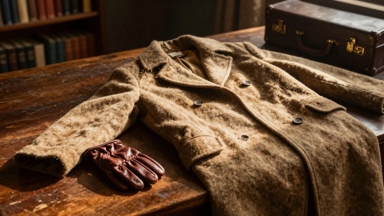 Старая кожаная перчатка и пальто 1970-х на деревянном столе, мягкий свет подчеркивает патину и износ, без брендов и лишнего.