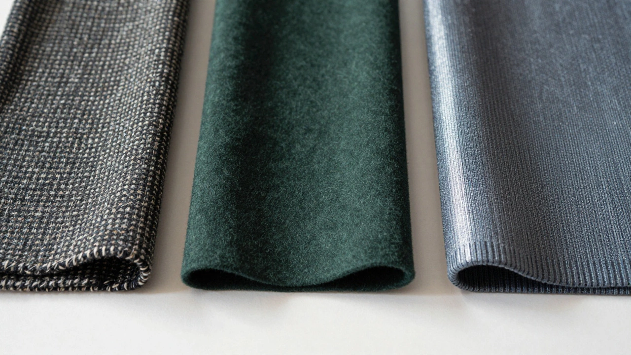 Три инновационные зимние ткани: твид с кашемиром, велюр из переработанной шерсти и термопленка.