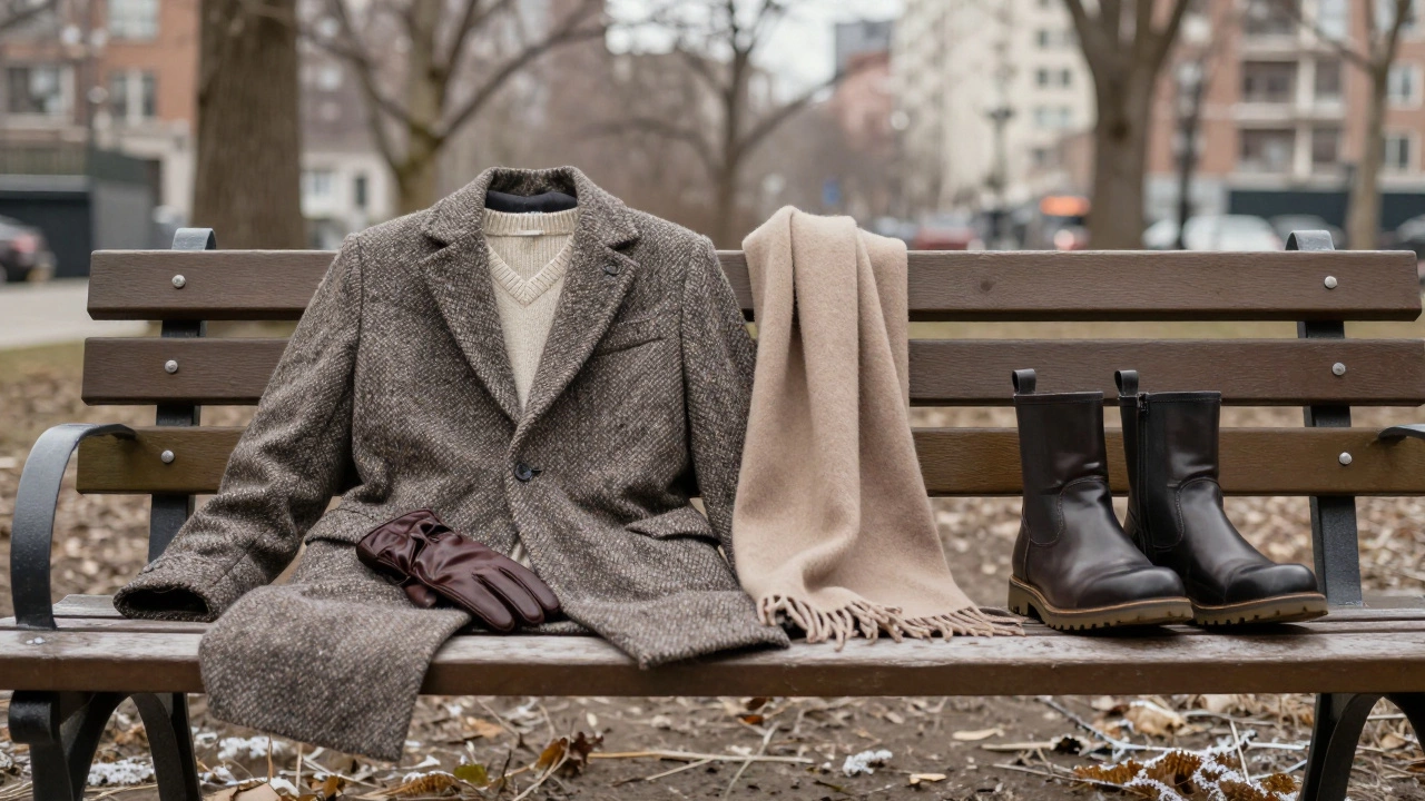 Уложенный на скамье мужской зимний гардероб: пальто, свитер, шарф, варежки и ботинки без логотипов.