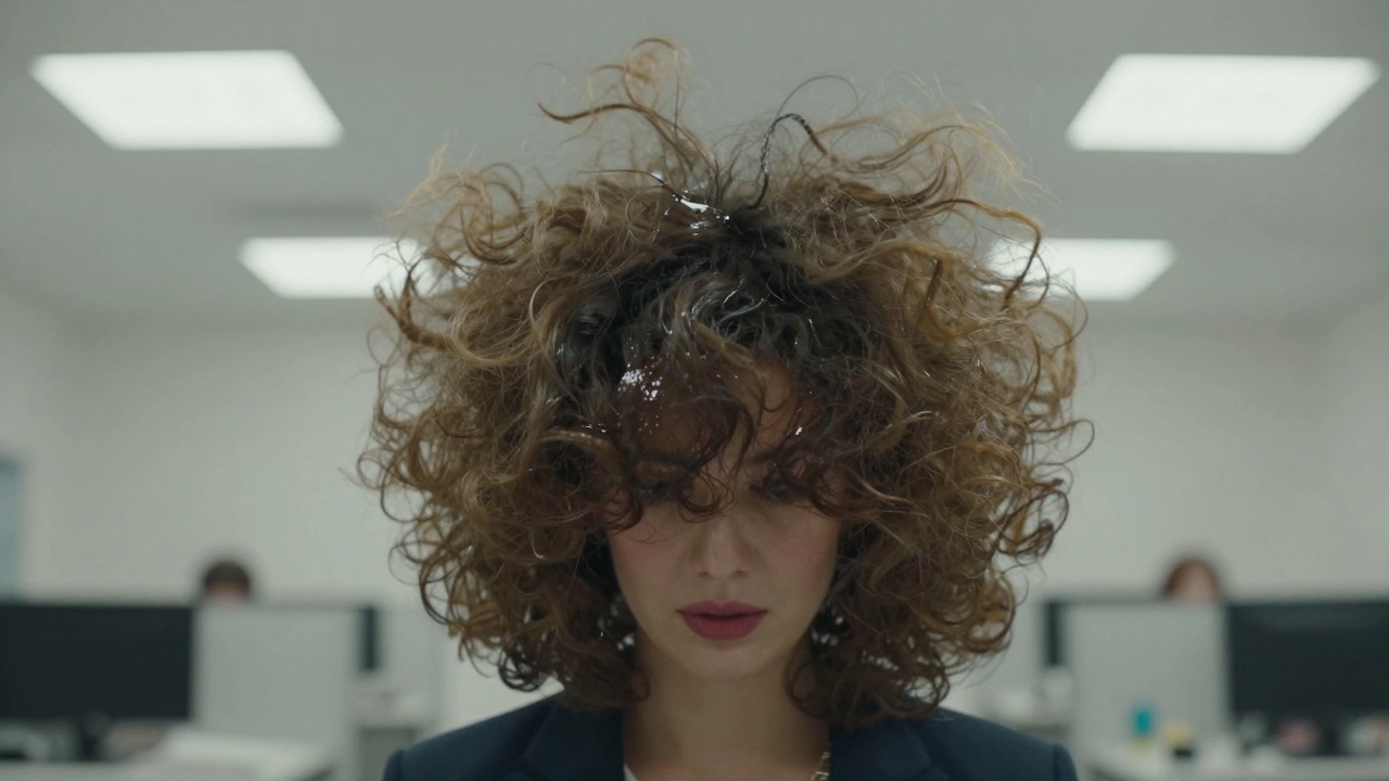 Женщина с чрезмерно объемной причёской, волосы как пушистое облако вокруг головы.