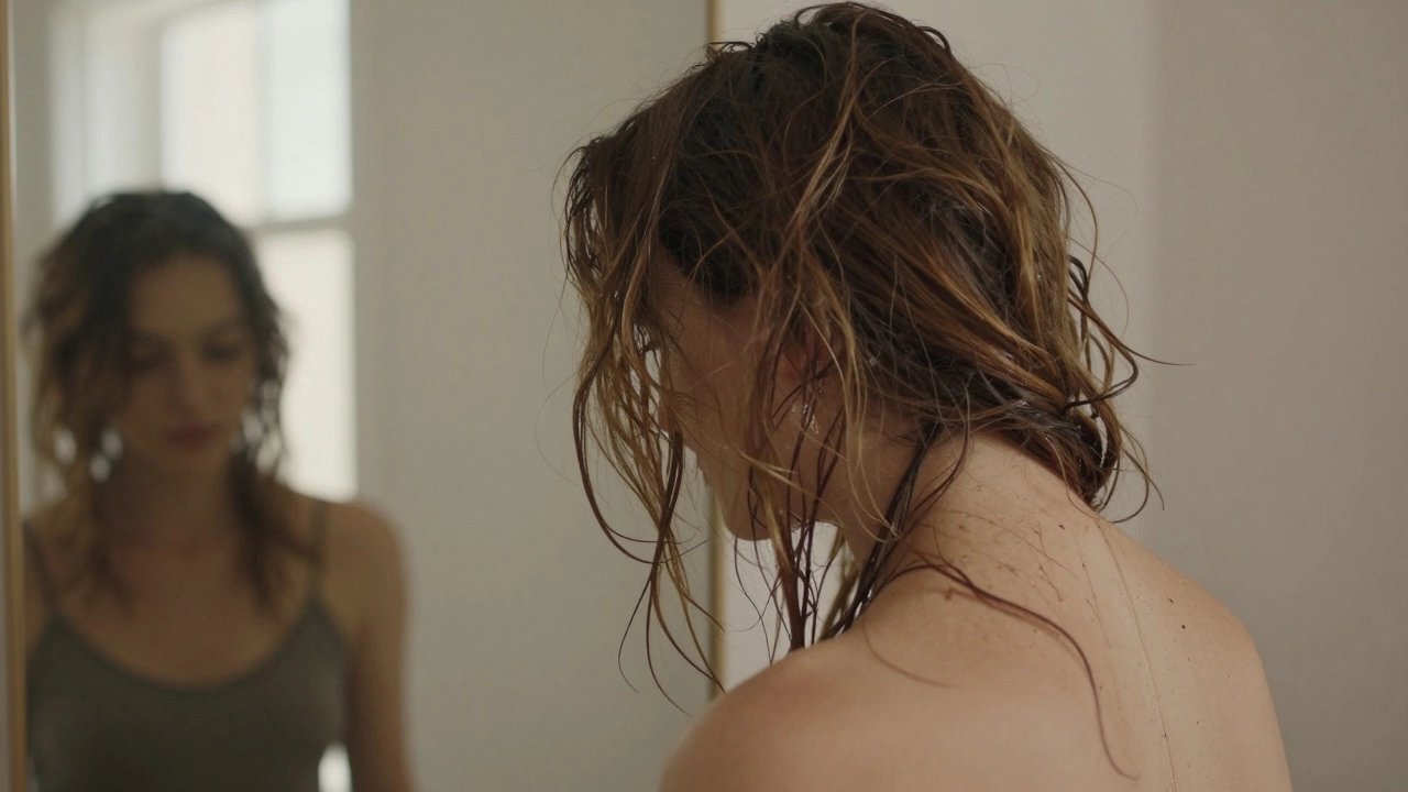 Женщина с запутанными, сухими и секущимися волосами, видны жирные корни.