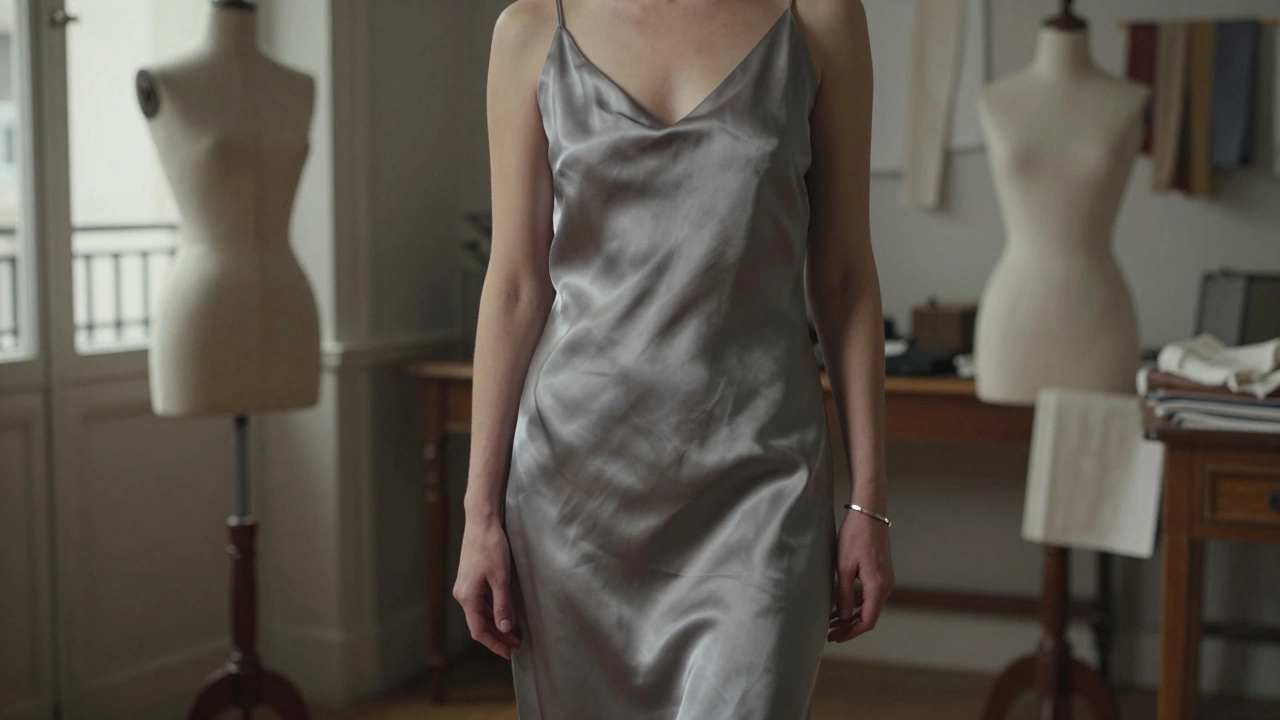 Женщина в атласном платье без декора, стоящая в ателье, только тонкая стальная браслетка и естественное драпирование шелка.