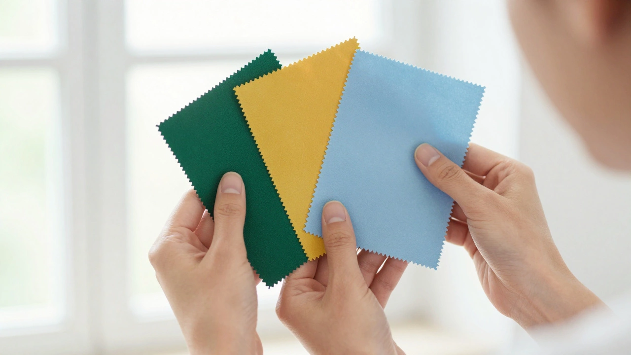 Человек подбирает подходящие оттенки тканей у окна при дневном свете