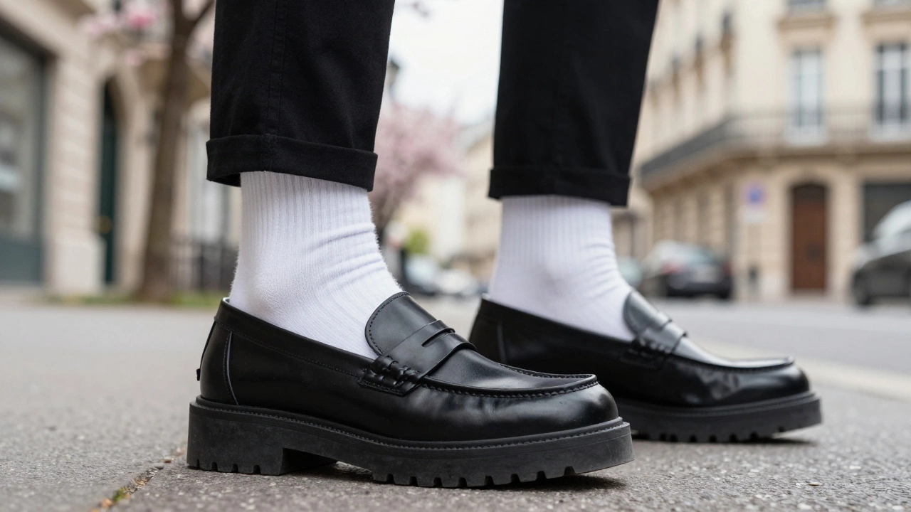 Черные лоферы на массивной подошве с белыми носками и укороченными брюками