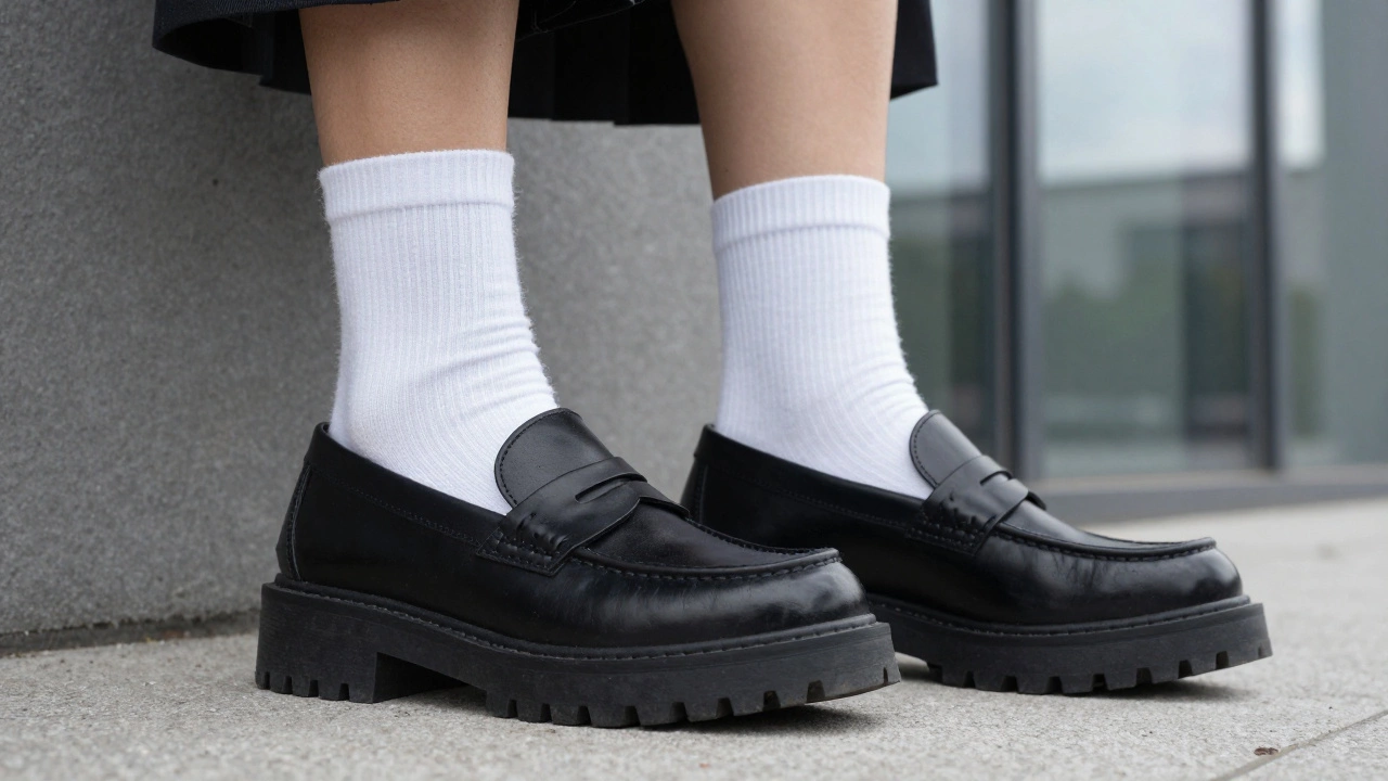 Черные лоферы на массивной подошве с высокими белыми носками