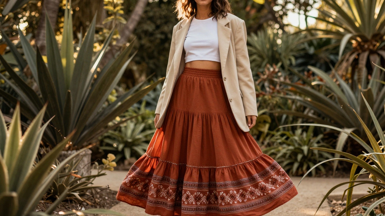Девушка в образе бохо-шик с этнической юбкой и современным спортивным топом