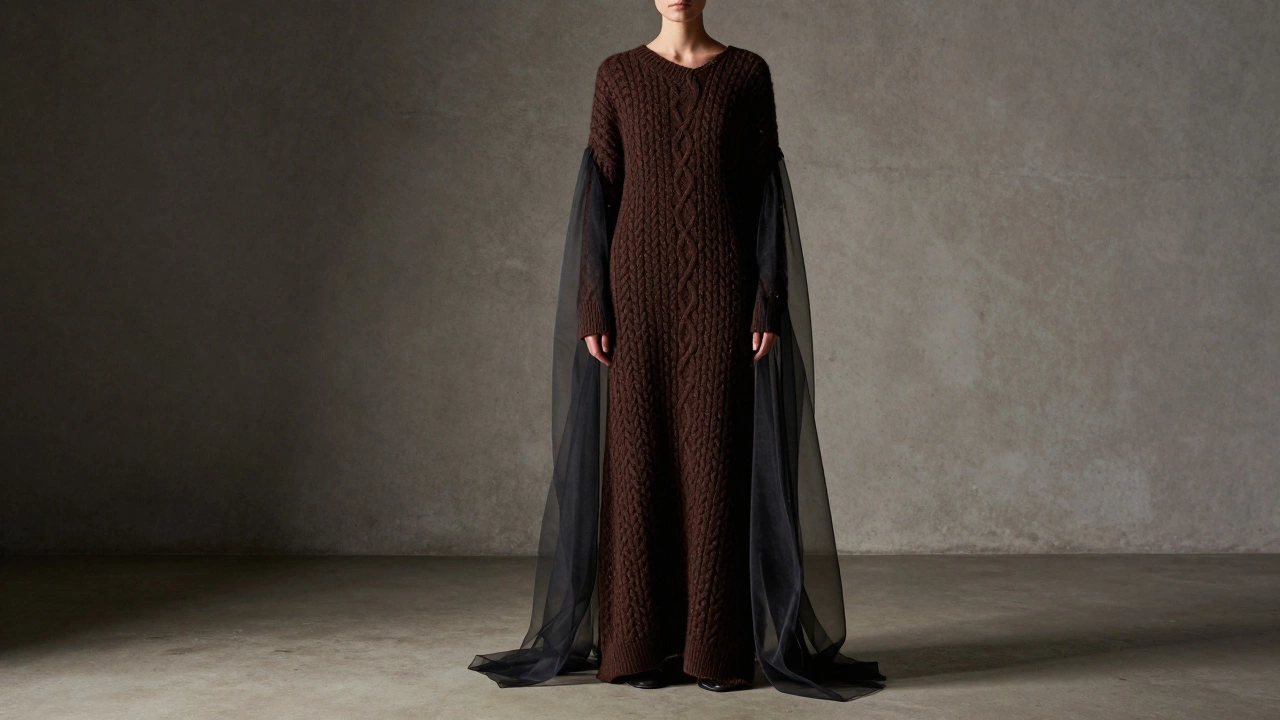 Длинное коричневое трикотажное платье макси с прозрачным верхним слоем из органзы