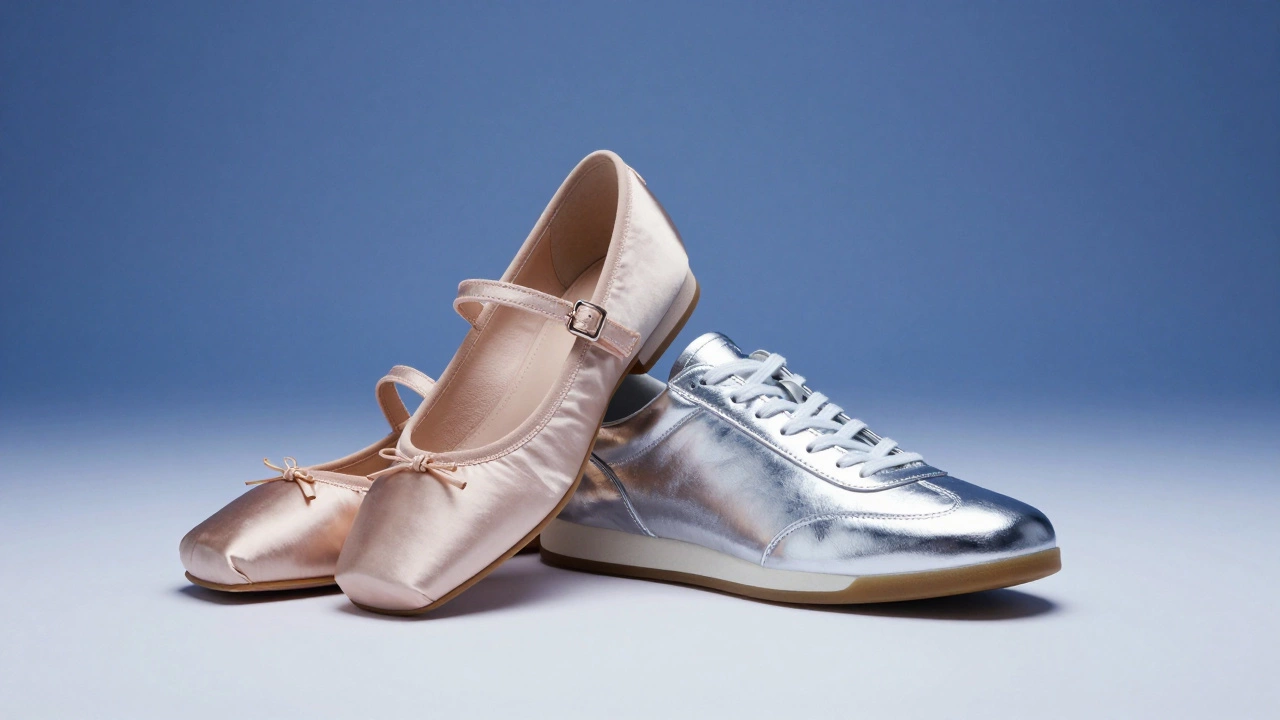 Элегантные туфли Мэри Джейн и серебристые металлические кеды на минималистичном фоне
