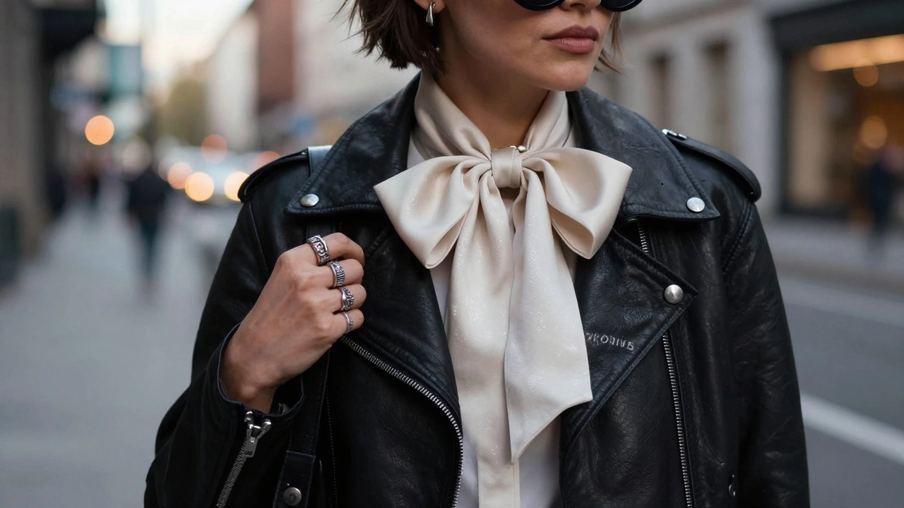 Контраст кожаной куртки и нежного шелкового банта в городском стиле