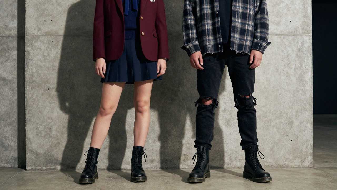 Контраст стилей: классический образ преппи и бунтарский гранж в городской среде