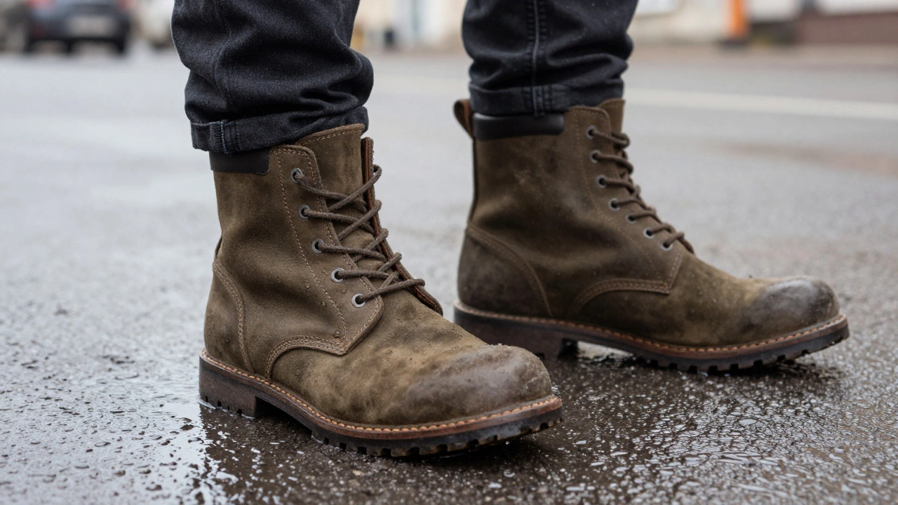 Коричневые кожаные ботинки в стиле ворквеар, наступающие в лужу на городской улице