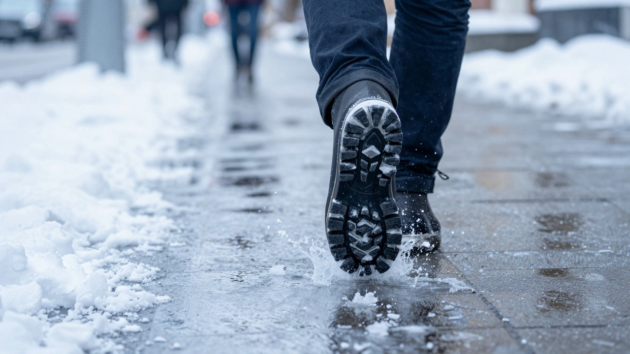 Крупный план подошвы мужского ботинка, уверенно стоящей на снегу и льду