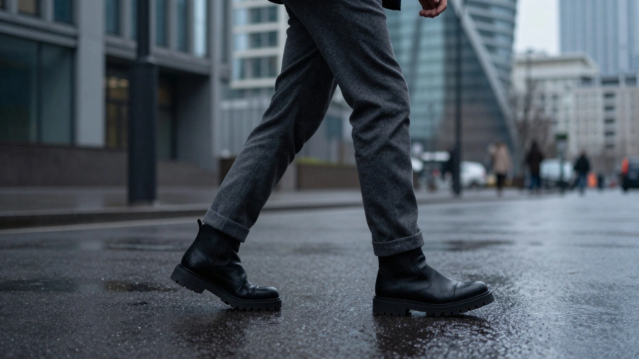 Мужчина в серых брюках и массивных кожаных ботинках на тракторной подошве идет по лужам