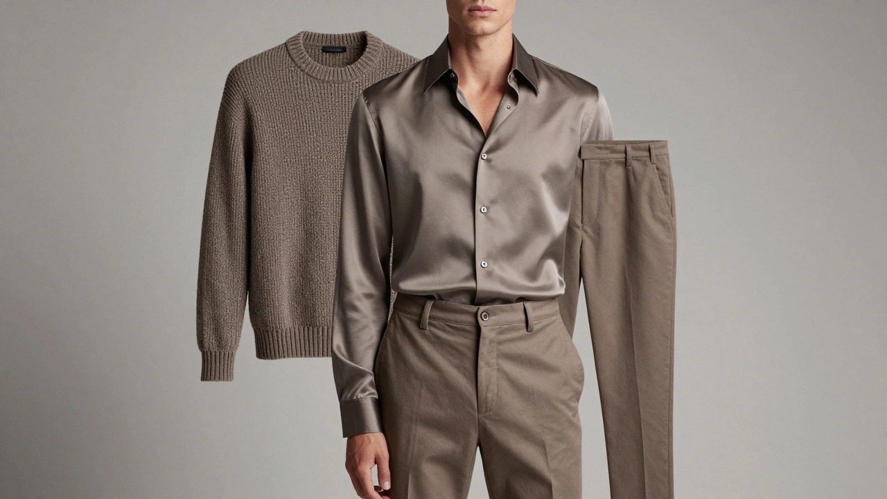 Мужской монохромный образ в серо-коричневом цвете taupe с разными текстурами тканей