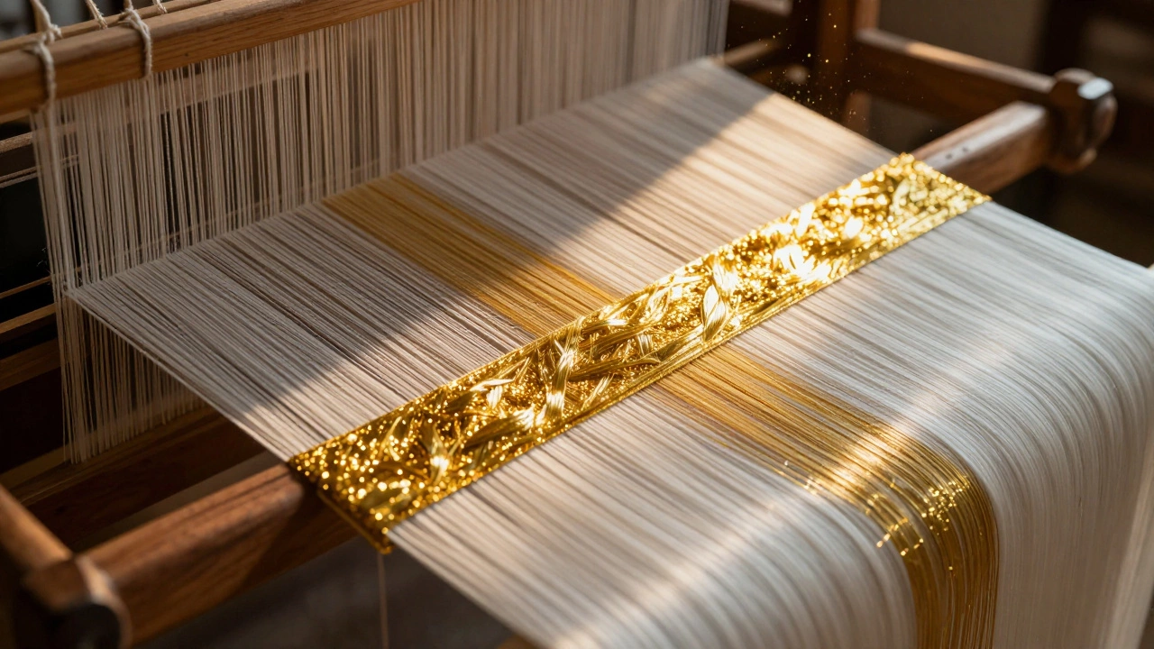 Процесс ручного ткачества шелка с золотыми нитями на станке
