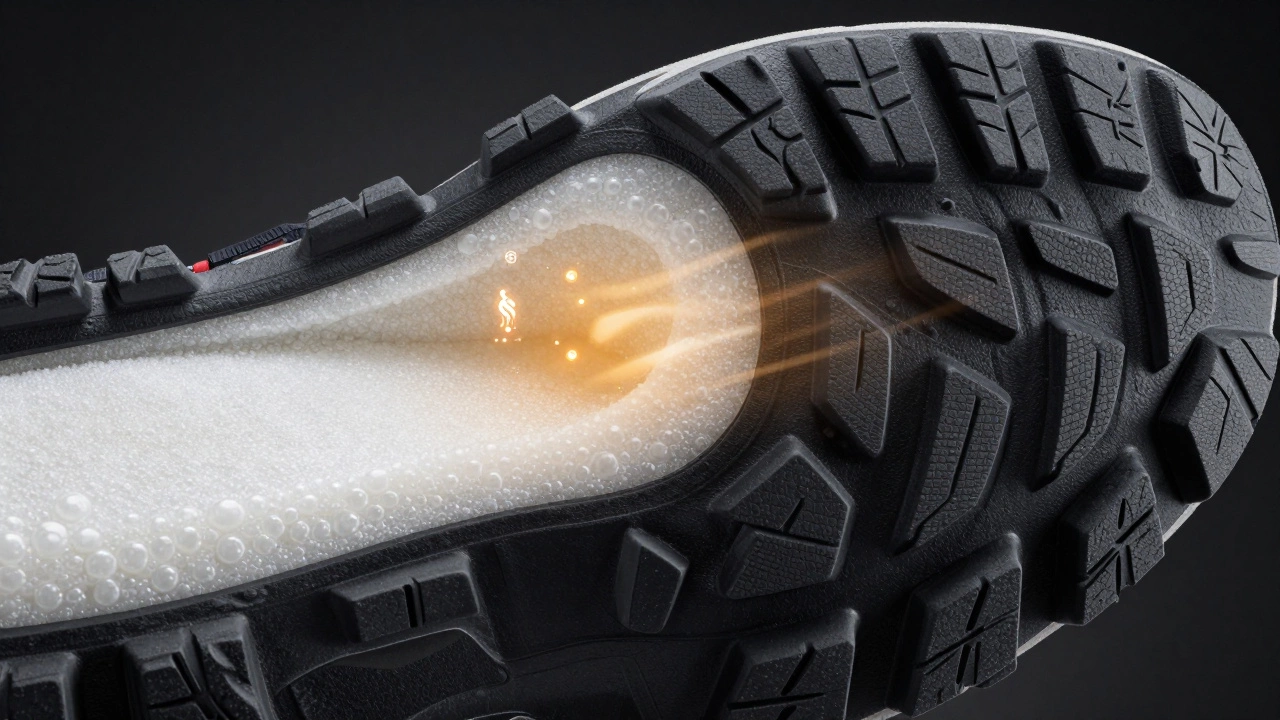 Схематичный разрез подошвы из ЭВА и ТПУ, показывающий слои тепла