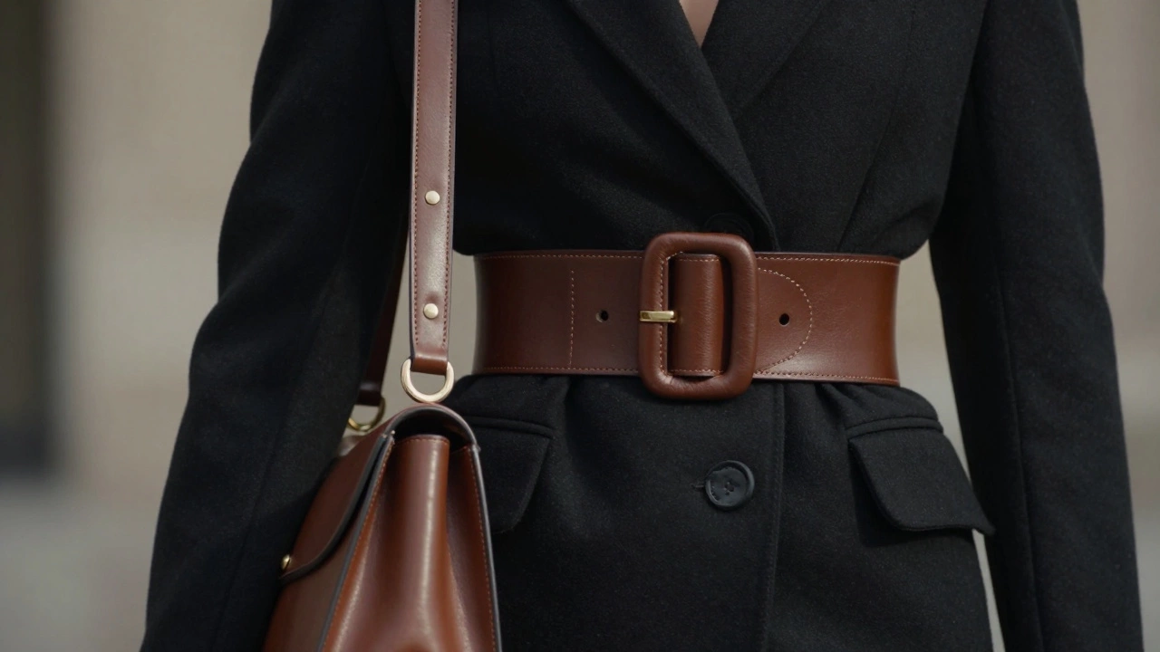 Структурированная черная сумка и широкий кожаный ремень на жакете