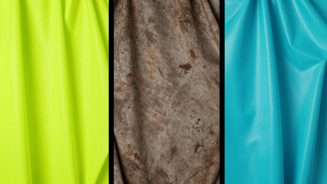 Три панели с примерами неонового, грязного и пластикового цветов тканей