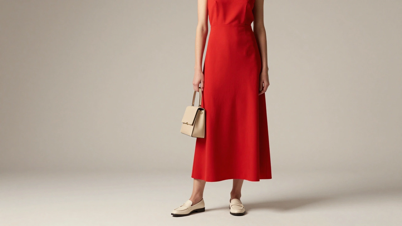 Женщина в ярко-красном платье-макси с бежевыми аксессуарами на нейтральном фоне