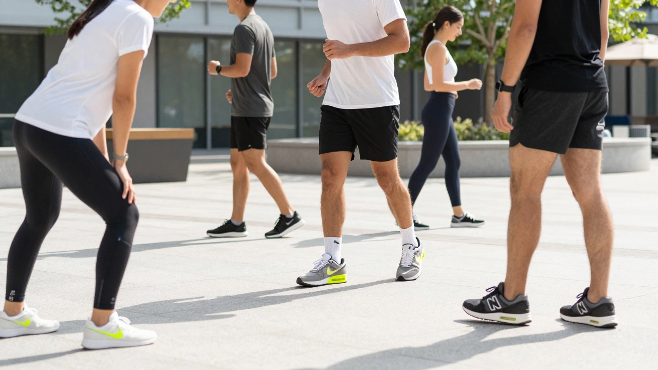 Люди в спортивной одежде Nike и Lululemon на городской площади