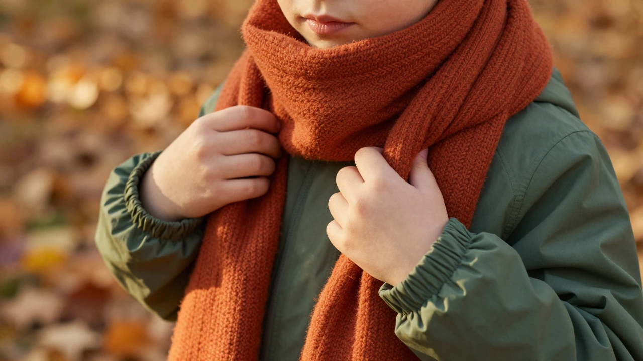 Child wearing a terracotta scarf and moss green jacket in an autumn park