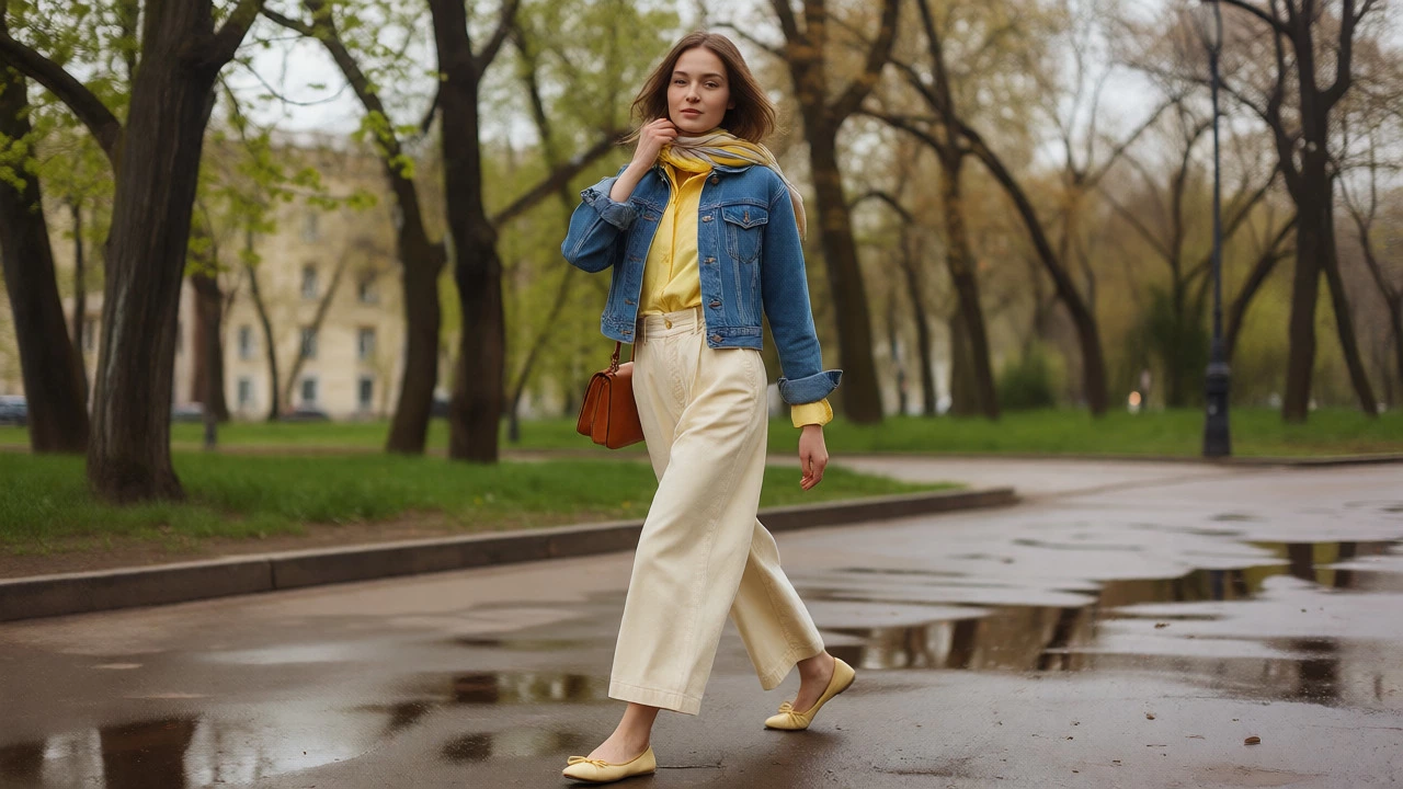 Девушка в лимонной рубашке и джинсовой куртке в парке